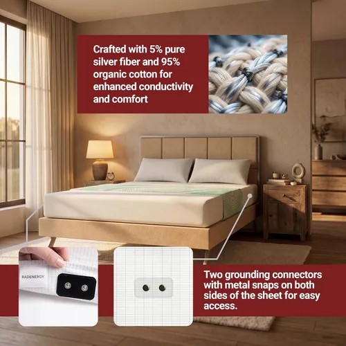 Miniatura 6 de Sábana de cama, sábana de tierra, sábana bajera ajustable de algodón orgánico para cama, 95% algodón orgánico, 5% fibra plateada con cable