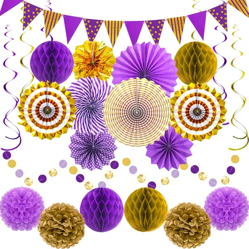 Miniatura 10 de 24 decoraciones de fiesta negras y doradas, abanicos de papel, guirnaldas de pompones de panal, suministros colgantes reutilizables para graduación
