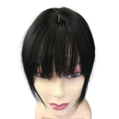 Miniatura 9 de Anemone Peluca de cabello humano con clip para mujer, con flecos de aire 3D, base de poliuretano invisible para cabello fino y cuero cabelludo Negro