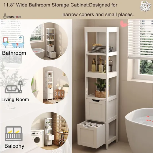 Miniatura 8 de HOMEFORT Armario de almacenamiento para baño, armario alto y estrecho con cubículo, gabinete de esquina delgada, torre de lino de madera, con puerta