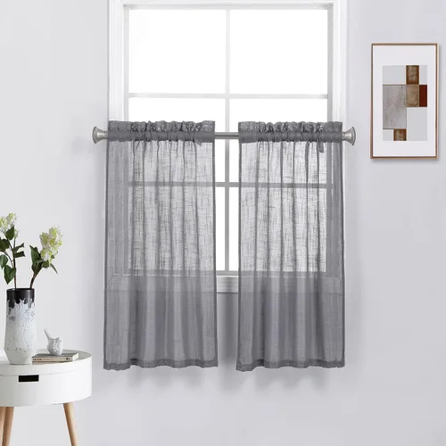 Miniatura 15 de Diamond Home Linens 2 paneles cortos con bolsillo para barra, filtrado de luz, de lino, texturizado, para ventanas pequeñas, 27 pulgadas de ancho x