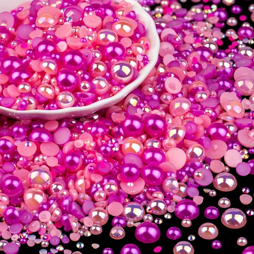 Miniatura 32 de 100g de cuentas de perlas planas y diamantes de imitación, 1-Rosa y blanco, tamaño mixto de 3-10mm, resina, diamantes de imitación y medias perlas