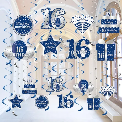 Decoraciones colgantes de 16 cumpleaños azul y plateado para niños, 16 piezas de feliz cumpleaños de 16 años, suministros de fiesta de remolinos de