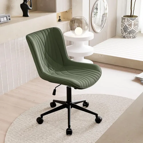 Miniatura 6 de YOUNIKE Silla de oficina, silla de escritorio sin brazos, silla de computadora con ruedas, moderna silla tapizada de piel sintética, silla de Oliva