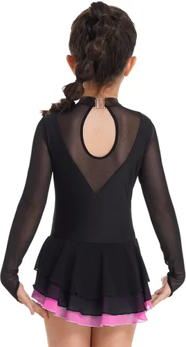 Miniatura 3 de Loyan Vestido de patinaje artístico brillante para niñas y niñas, de malla, de manga larga, patinaje sobre ruedas, competición de baile