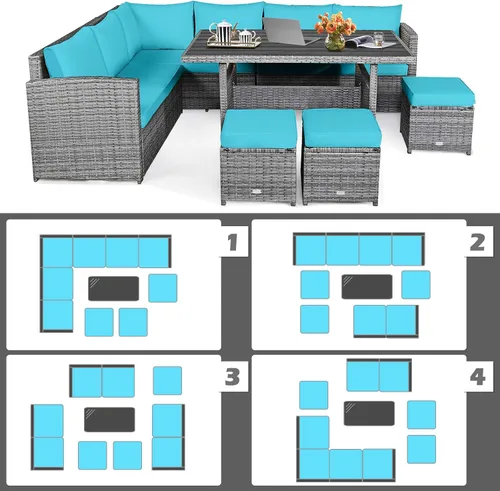Miniatura 5 de HAPPYGRILL Juego de muebles de mimbre de ratán de 7 piezas, juego de muebles de patio al aire libre con cojines, juego de sofá de ratán con mesa
