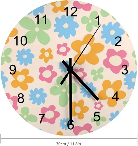 Miniatura 2 de Reloj de Pared de Flores Silencioso Sin Tictac Operado por Batería, Caricatura de los 70s Linda Flor Abstracta Pastel Margarita Reloj Floral