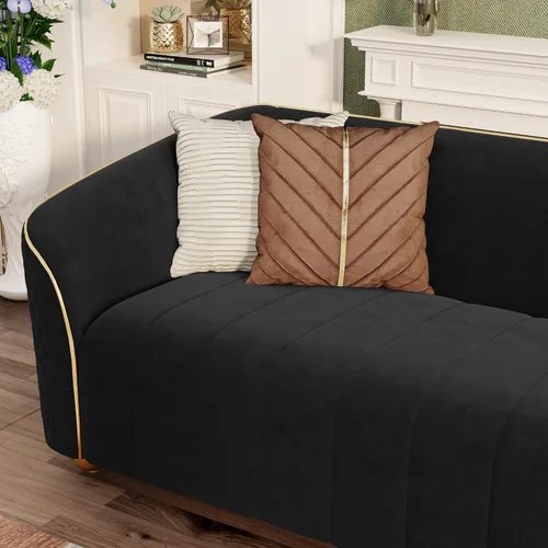 Miniatura 6 de Sofá de lujo de terciopelo retro de 3 plazas, cómodo sofá biplaza tapizado de terciopelo de 86 pulgadas con patas y almohadas de metal dorado, sofá
