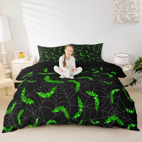 Miniatura 15 de Lindo juego de funda de edredón de fantasma, tamaño individual para niños y niñas, juego de ropa de cama de calabaza y calavera de azúcar, funda