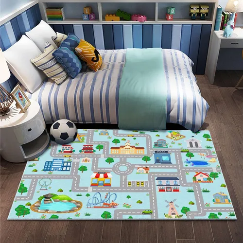 Miniatura 9 de Alfombra de coche para niños, 2 pies 7 pulgadas x 4 pies, alfombra de juego de tráfico urbano para autos de carreras y juguetes, divertida alfombra