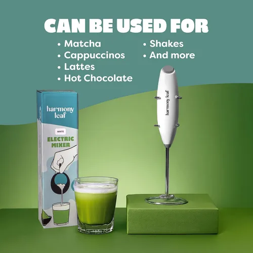 Miniatura 2 de Harmony Leaf Espumador de leche de mano, mezclador eléctrico de bebidas de acero inoxidable con soporte, espumador de café a pilas para lattes