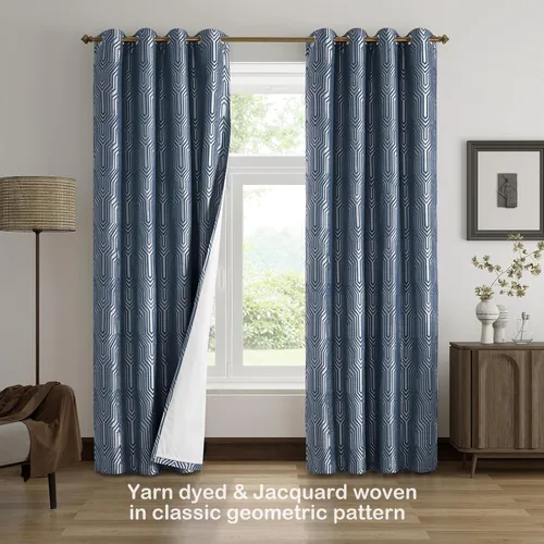 Miniatura 2 de Cortinas de patrón geométrico jacquard 100% opacas color azul índigo y plateado, 2 paneles de 52 pulgadas de ancho y 84 pulgadas de largo