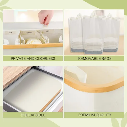 Miniatura 7 de Cesto para ropa sucia de 3 secciones, 145L cesto para ropa sucia con tapa, organizador de cesta de lavandería extragrande con bolsas interiores Beige