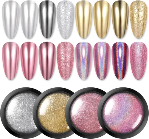Born Pretty Polvo cromado para uñas, polvo holográfico de espejo metálico, pigmento en polvo para manicura, decoración de uñas, conjunto de 4 cajas,