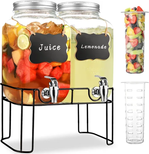 Miniatura 8 de Dispensadores de bebidas de vidrio de 1 galón para fiestas, dispensador de bebidas de limonada con soporte y grifo para barbacoa, picnic, fiesta