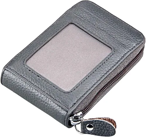 Miniatura 3 de Noedy RFID bloqueo de tarjetas de crédito titulares caso organizador cuero genuino cremallera alrededor de la cartera de seguridad, Gris, Mujeres
