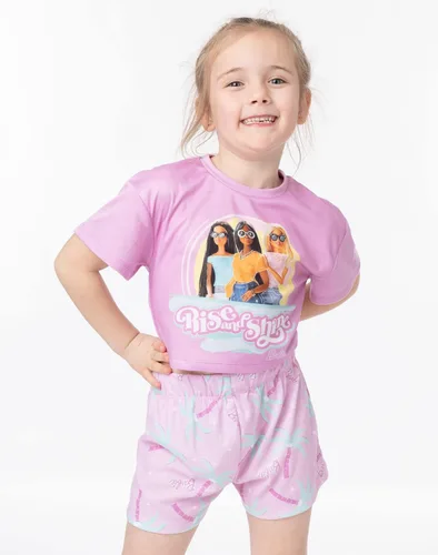 Miniatura 8 de Barbie Pijama corto para niñas, diseño de muñeca rosa con estampado de levantamiento y brillo, pantalones cortos elásticos para dormir