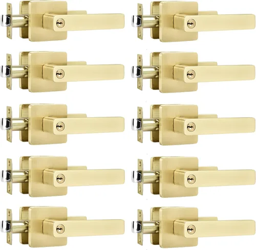 Leydebong Paquete de 10 manijas de puerta doradas, manijas de puerta de entrada con llaves, cerradura de puerta resistente, diseño moderno y