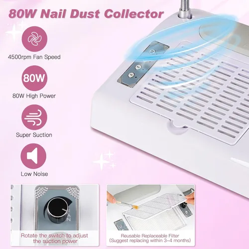 Miniatura 4 de Biutee Colector de polvo de uñas, 5 en 1, 80 W, extractor profesional de 30000 rpm, máquina de taladro eléctrico de uñas con lámpara LED UV de 48
