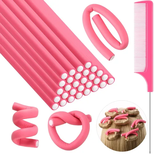 Syhood 30 varillas rizadoras flexibles, rodillos de espuma suave, sin calor, 1 peine de cola de rata de acero para mujeres de cabello largo y corto
