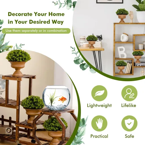 Miniatura 3 de Goplus Paquete de 4 árboles topiarios artificiales de boj, mini plantas de vegetación falsas, pequeñas plantas decorativas de imitación, plantas