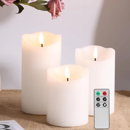 Eywamage Velas de Pilar Blancas Sin Llama con Control Remoto, Velas de Cera LED Realistas Parpadeantes Alimentadas por Batería, Φ 3" H 4" 5" 6"