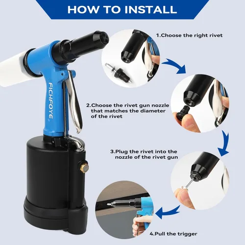 Miniatura 4 de Pistola de remache neumática resistente, 3500 lbf Rivet Gun Set- 3/32", 1/8", 5/32", 3/16" con NPT 1/4 pulgadas para industrias automotriz, Azul