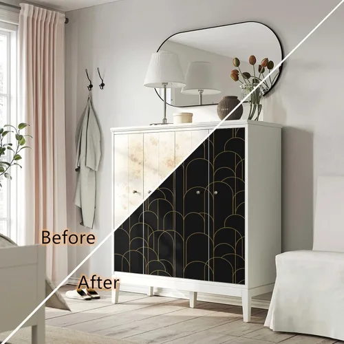 Miniatura 4 de Papel tapiz para despegar y pegar, moderno papel tapiz geométrico negro/dorado, 17.71 x 118 pulgadas, papel tapiz autoadhesivo extraíble, papel