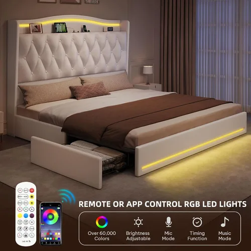 Miniatura 3 de YITAHOME Base de cama tamaño King con 4 cajones de almacenamiento y luces LED RGB, cama tapizada de terciopelo de 57 pulgadas de alto con estación