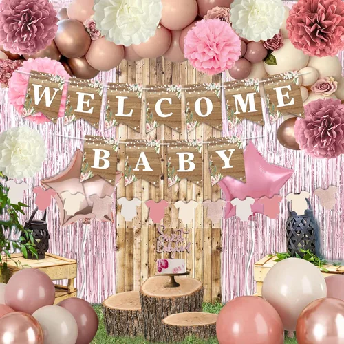Miniatura 3 de Decoración de baby shower rosa polvoriento, juego de decoración de baby shower para niña con pancarta de bienvenida para bebé, pompones de papel