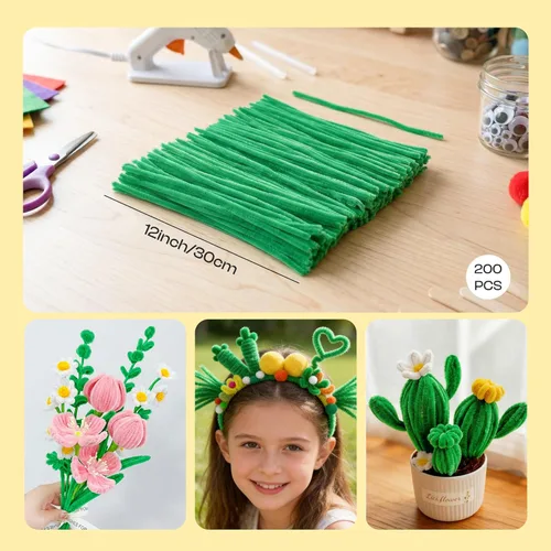Miniatura 2 de Caydo 200 limpiapipas verdes para decoración del día de la madre, tallos de felpilla para niños, proyectos de manualidades (0.236 in x 12 pulgadas)