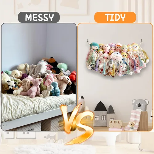 Miniatura 6 de Hamaca bohemia para animales de peluche, red grande de almacenamiento de juguetes de 51 pulgadas para juguetes de peluche, organizador de pared