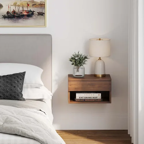 Miniatura 3 de Nathan James - Mesita de noche Jackson montada en pared, flotante para dormitorio, con cajón de almacenamiento y estante abierto moderno, nogal
