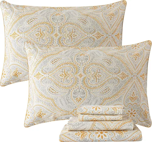Miniatura 24 de FADFAY Juego de sábanas de lujo para cama individual, diseño clásico de damasco, estampado de cachemira dorada, juego de sábanas transpirables, 100%