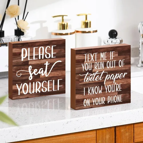 Miniatura 12 de Jetec 2 piezas de decoración de letreros de baño de granja, caja de madera con signo, arte de pared divertido para el baño, placa de madera rústica