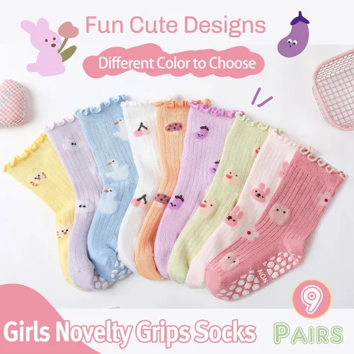 Miniatura 5 de Calcetines de agarre con volantes para bebés y niñas pequeñas para niños, antideslizantes, sin deslizamiento, con volantes, lindos y divertidos