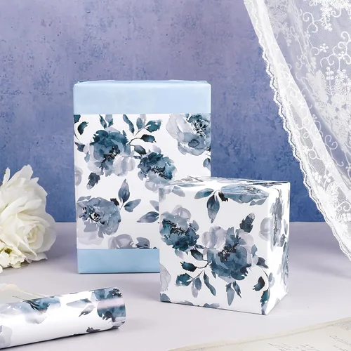 Miniatura 3 de RUSPEPA Papel de regalo reversible floral para niñas y mujeres, mini rollo, acuarela azul floral y azul sólido papel de regalo para cumpleaños, Rosa