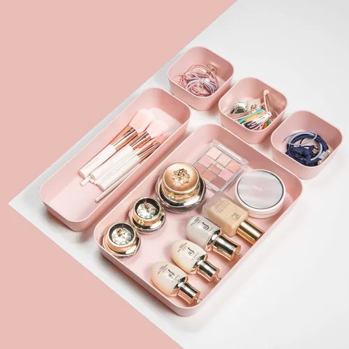 Miniatura 4 de Backerysupply Juego de 12 organizadores de cajones de escritorio de plástico de color rosa para maquillaje, baño, oficina, cocina, cajón, caja