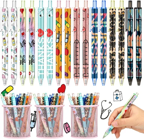 Leinuosen 72 bolígrafos de Navidad divertidos para enfermera, a granel, lindos dibujos animados, retráctiles, bolígrafos de regalo de agradecimiento