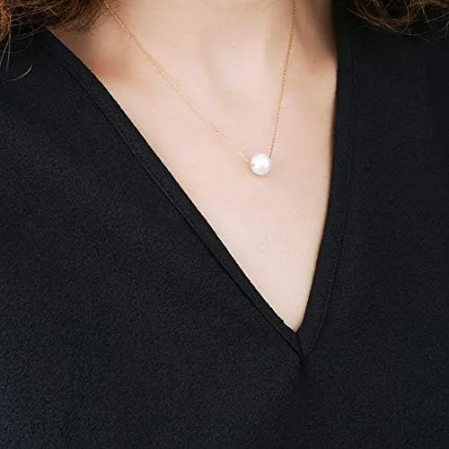 Miniatura 6 de Collar de perlas de oro macizo de 14 quilates para mujer, collar con colgante de perlas cultivadas de agua dulce real, collar de 0.39 pulgadas