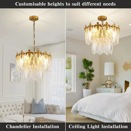 Miniatura 6 de Antique Chandeliers 2-Layer Gold Crystal Glass Chandelier, 4-Light Round Pendant Light 17.7" Brushed Brass Adjustable Height, Applicable to Dining