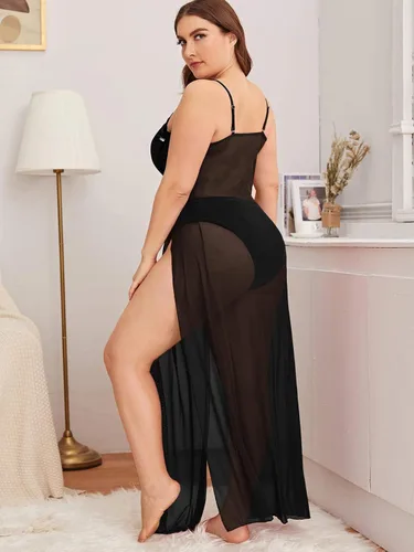 Miniatura 2 de SOLY HUX Vestido de lencería de malla larga dividida para mujer talla grande babydoll Negro