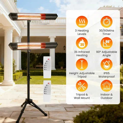 Miniatura 2 de Calentador eléctrico para patio al aire libre, calentador infrarrojo de 1500 W con control remoto, 3 niveles de calefacción, altura ajustable