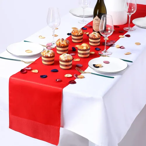 Miniatura 4 de 24 caminos de mesa de satén de 12 x 108 pulgadas de largo, camino de mesa de seda para bodas, fiestas de cumpleaños, ceremonias, banquetes, Rojo