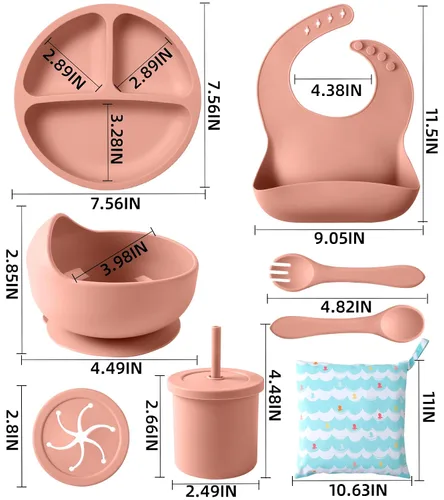Miniatura 5 de ECLIP Juego de alimentación de silicona para bebés, 10 piezas de artículos esenciales para comer bebés con ventosa, plato dividido, babero Rojo
