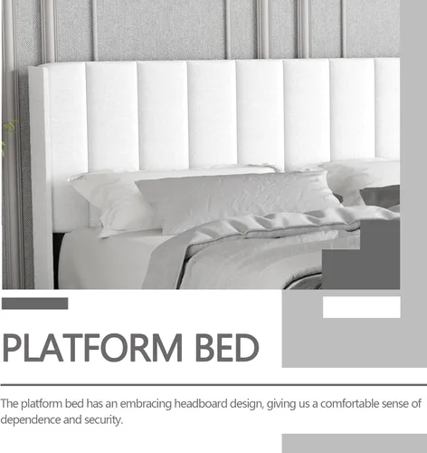 Miniatura 6 de Base de cama tapizada de tamaño individual con cabecero, listones de madera fuertes, no necesita somier, fácil montaje, lino blanco