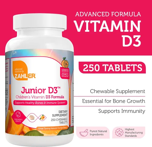 Miniatura 3 de Zahler Junior D3 Chewable 1000IU, gran sabor Chewable Vitamina D para niños, Vitamina D3 1000 IU para los niños, Certified Kosher, 250 tabletas