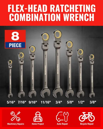 Miniatura 3 de WORKPRO Juego de llaves combinadas de trinquete de cabeza flexible de 8 piezas, SAE 5/16-3/4 pulgadas, 72 dientes, construcción CR-V, niquelado