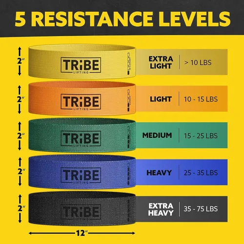 Miniatura 2 de Tribe Lifting - Bandas de resistencia de tela para glúteos y piernas Juego de 5 bandas de tela para entrenamiento Bandas gruesas de glúteos