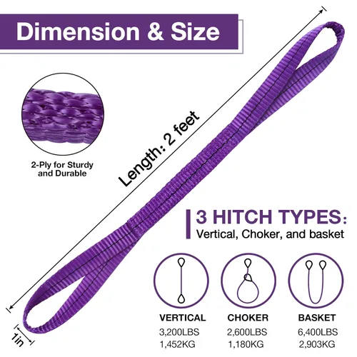Miniatura 2 de Correas de Eslinga de Elevación, 2" x 2' de 2 Capas Resistentes Eslingas de Elevación de Ojo Plano, Correa de Eslinga de Elevación de Poliéster